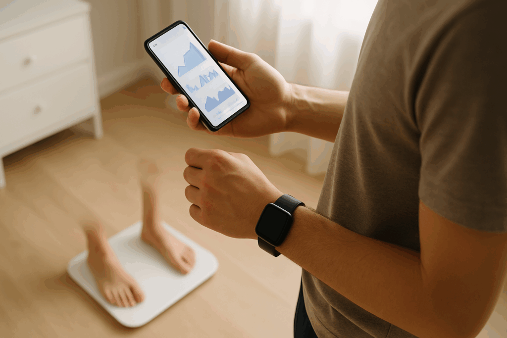 Person using a weight tracker app on a smartphone while standing on a smart scale and wearing a smartwatch in a bright, modern bedroom.