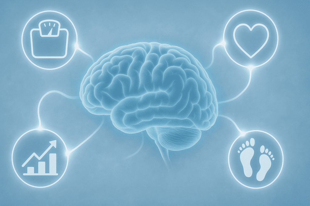 Conceptual illustration of a brain connected to icons symbolizing goal setting, physical activity, motivation, and a Weight Tracker App with a scientific blue aesthetic