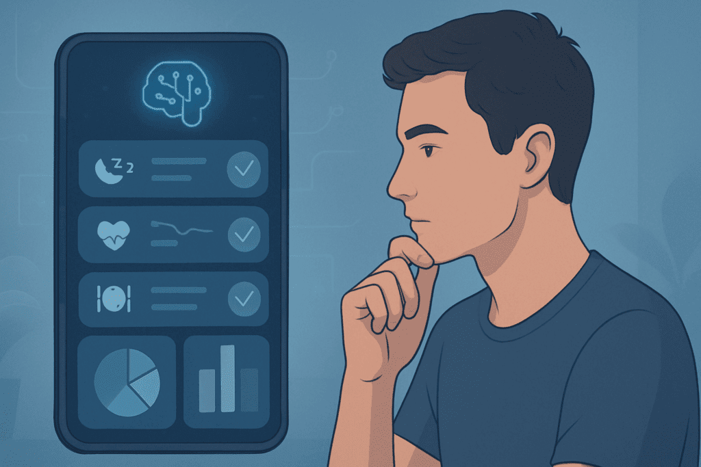 AI-driven Weight Tracker App interface showing personalized biometric feedback with heart rate, sleep, and meal icons, viewed by a thoughtful user.