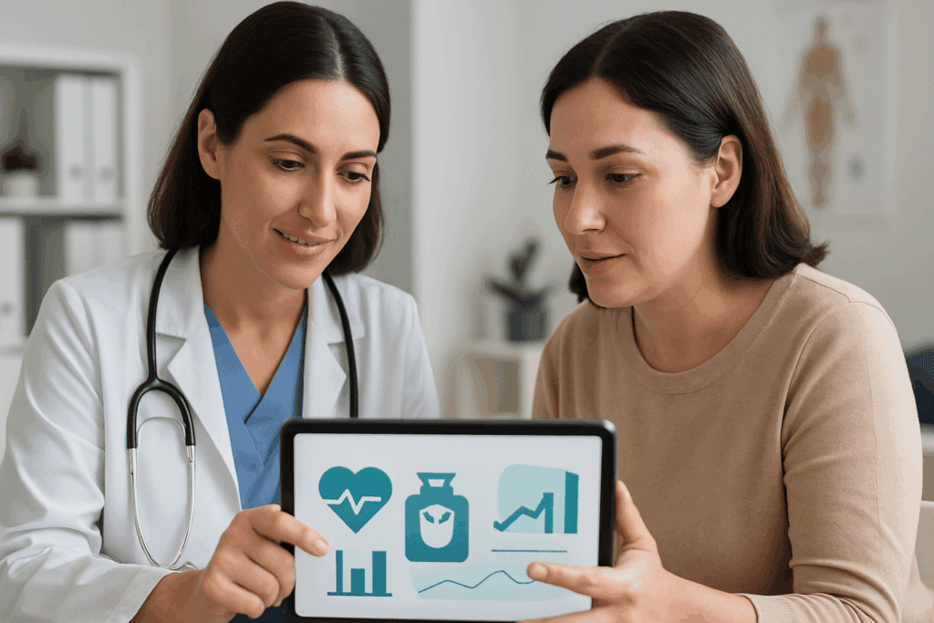 Doctor and patient reviewing health charts on a tablet using a Weight Tracker App in a clinical consultation setting.