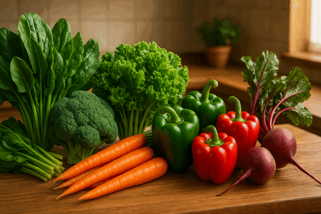 Assorted display of the best vegetables for weight loss, including spinach, broccoli, kale, carrots, bell peppers, and beets on a rustic kitchen counter.