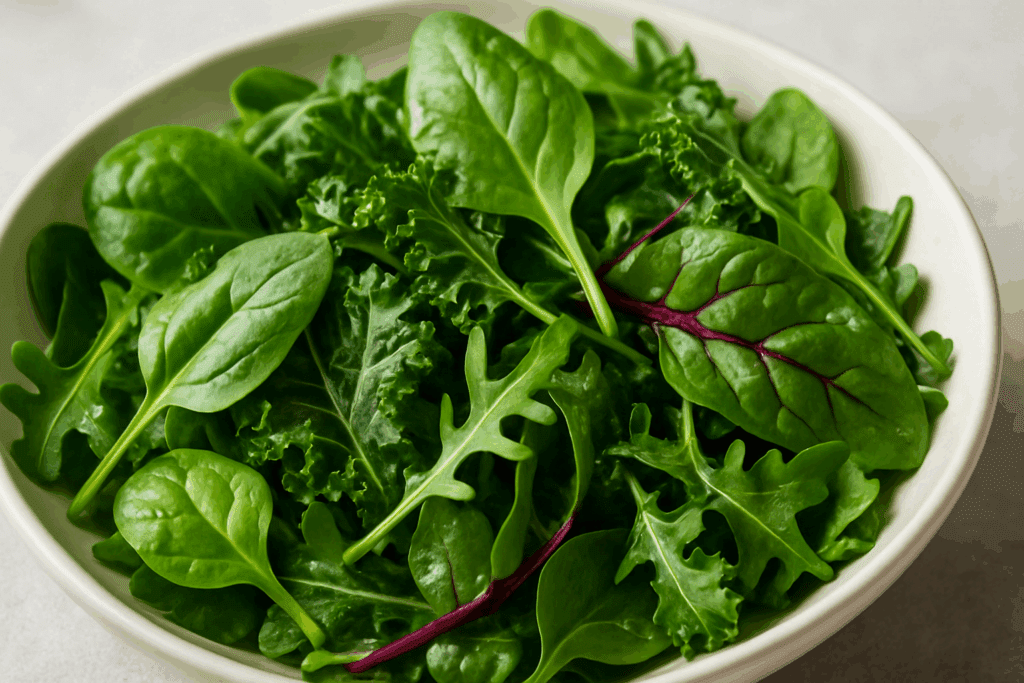Fresh bowl of leafy greens including spinach, kale, Swiss chard, and arugula—some of the best vegetables for weight loss.