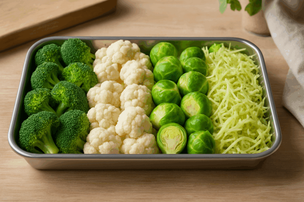 Meal-prep tray with broccoli, cauliflower, Brussels sprouts, and shredded cabbage—some of the best vegetables for weight loss.