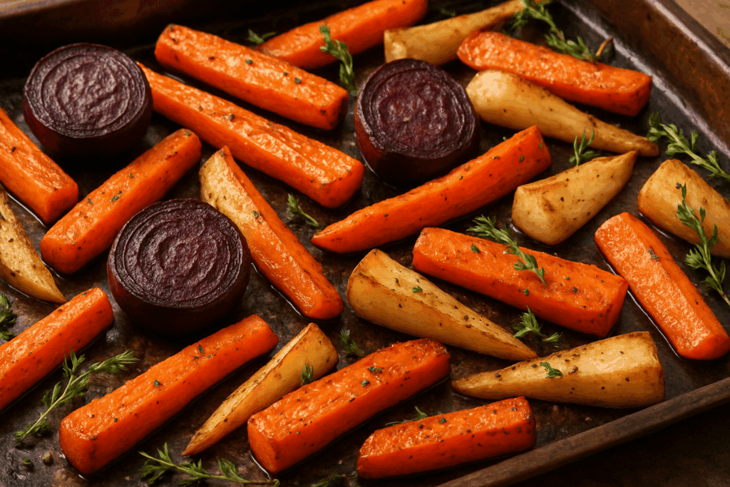 Roasted beets, carrots, and turnips garnished with herbs on a baking sheet, showcasing the best vegetables for weight loss.