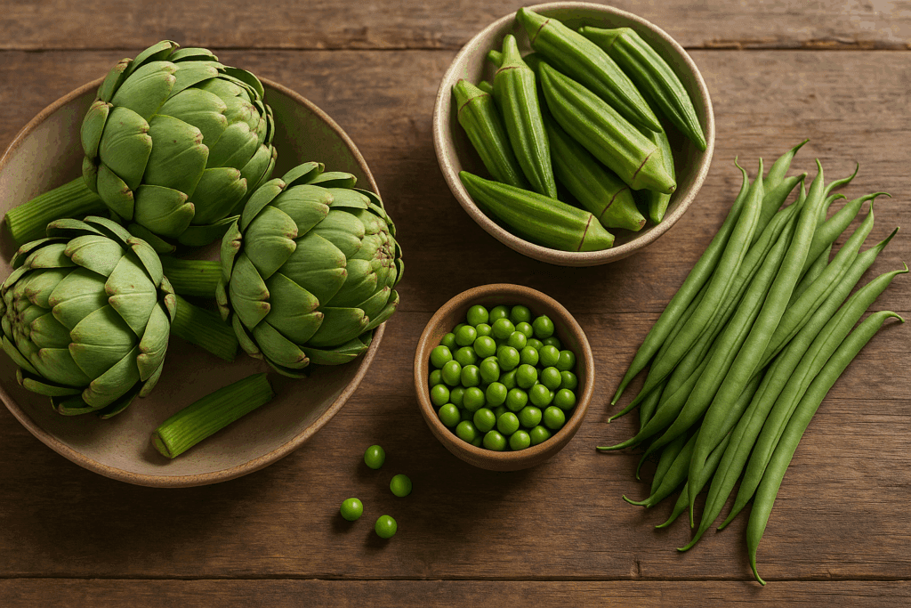 Rustic wooden table with bowls of artichokes, okra, peas, and green beans—some of the best vegetables for weight loss.