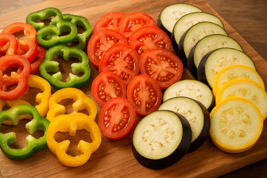 Sliced bell peppers, tomatoes, eggplant, and yellow squash arranged on a wooden board showcasing the best vegetables for weight loss.