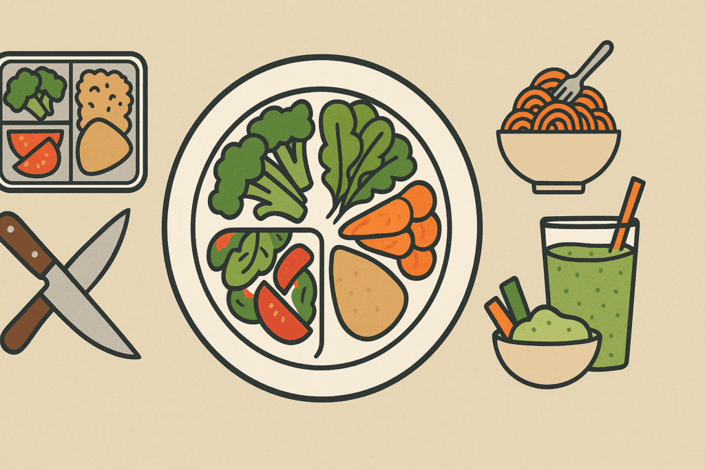 Infographic showing practical tips for adding the best vegetables for weight loss, including meal prep, veggie noodles, smoothies, and healthy dips on a balanced plate.