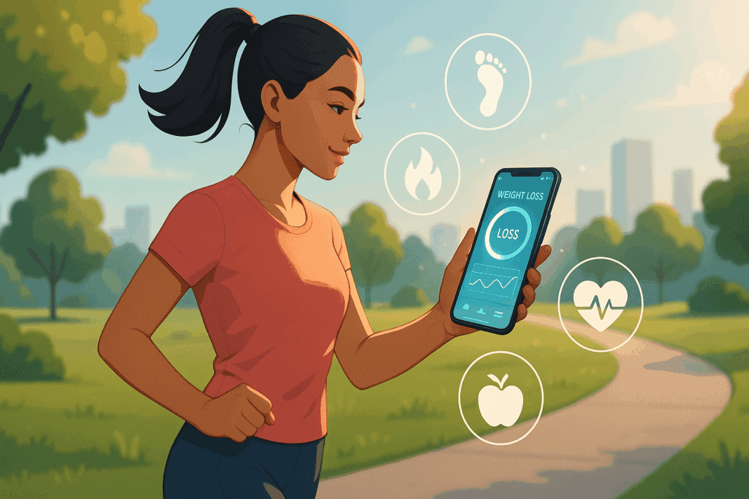 Woman using one of the best free weight loss apps on her smartphone while walking in a sunny urban park with health tracking icons surrounding her.