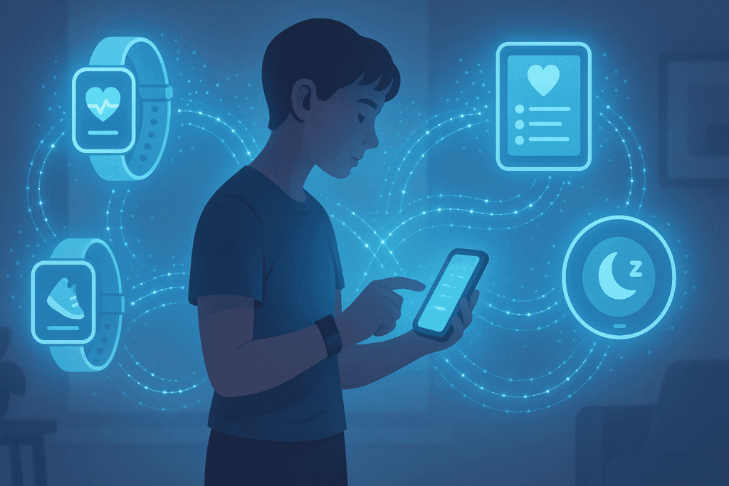Person using smartphone surrounded by glowing digital tools like smartwatch, food log, and sleep tracker, symbolizing the Best Free Weight Loss Apps.