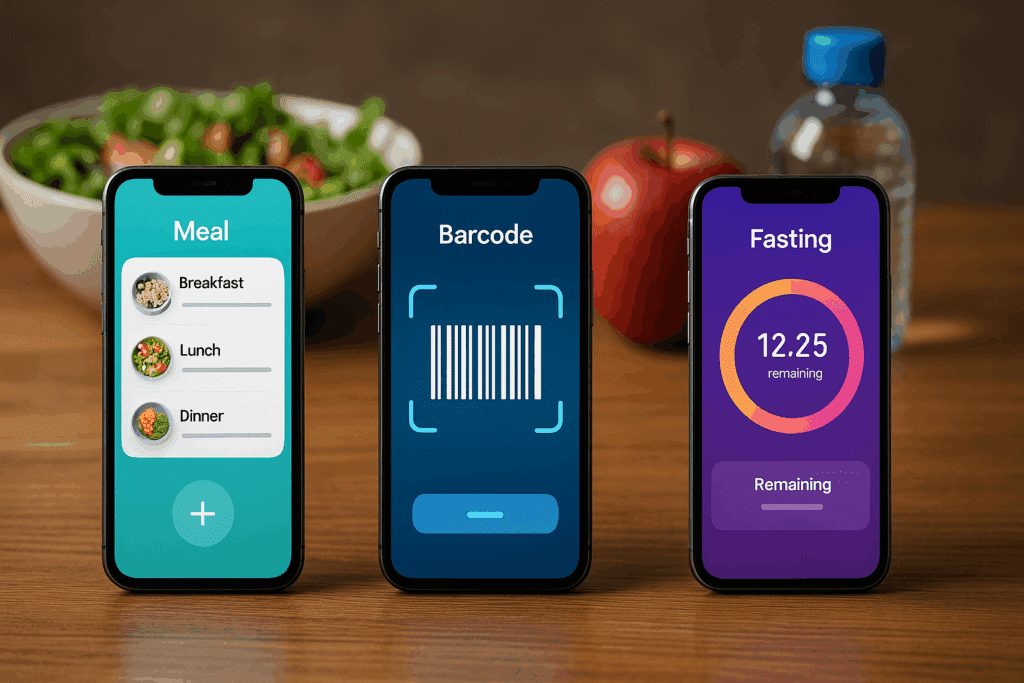 Three smartphones on a wooden table displaying interfaces from the best free weight loss apps, with a salad, apple, and water bottle in the background.
