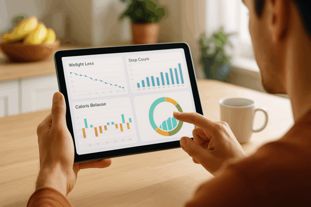 Person using a tablet to track weight loss progress, step count, and calorie balance with charts and graphs, illustrating features of the Best Free Weight Loss Apps.