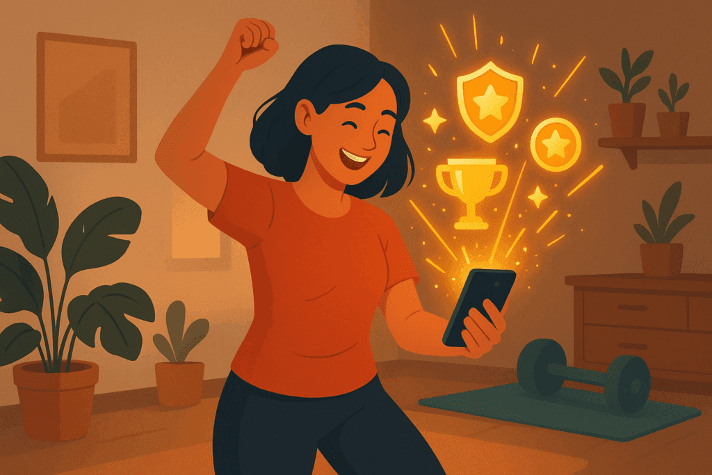 Woman celebrating in a home gym after hitting a milestone on one of the best free weight loss apps, with glowing digital rewards on her phone.