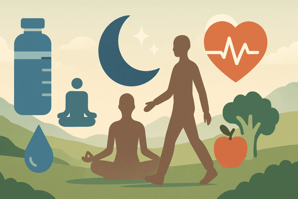Serene landscape illustration showing holistic wellness elements like hydration, sleep, fitness, and nutrition, symbolizing features in the Best Free Weight Loss Apps.