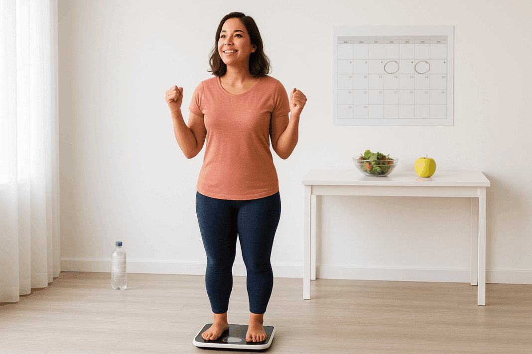 Motivated woman standing on a scale in a bright room with healthy food and a marked calendar, starting a journey to lose 10 Pounds in 2 Weeks.