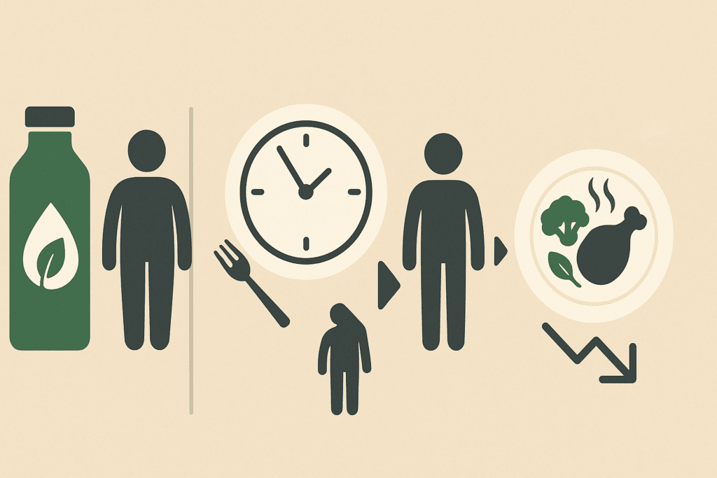 Symbolic infographic comparing three rapid weight loss methods—juice cleanse, intermittent fasting, and low-carb meals—with visual cues showing how people might lose 10 pounds in 2 weeks