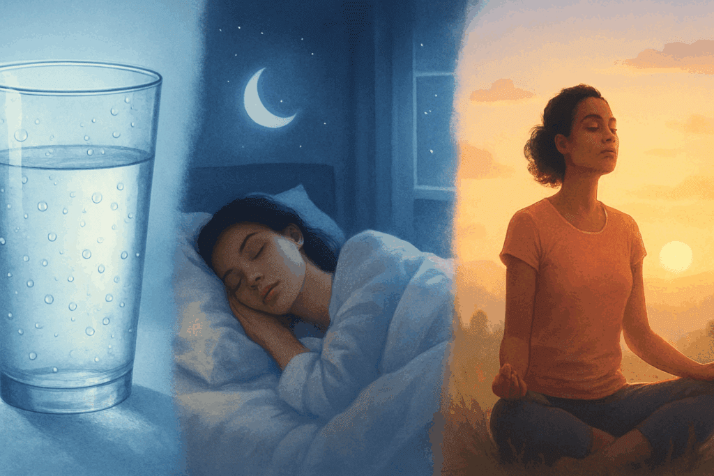 Collage showing hydration, restful sleep, and sunrise meditation—three natural ways to help lose 10 Pounds in 2 Weeks.