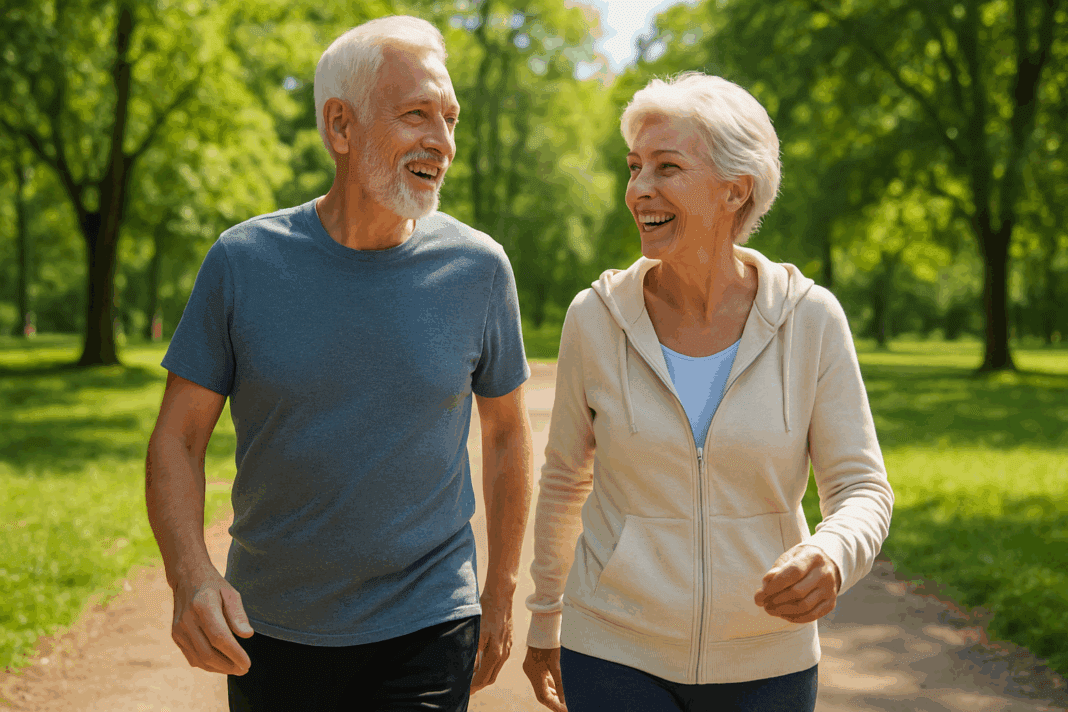 Active senior couple walking together in a sunny park, smiling and energized, representing healthy lifestyle tips on how to lose weight after 60.