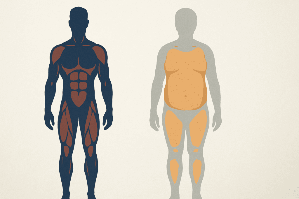 Side-by-side illustration of a younger and older adult showing muscle loss and fat gain, visualizing how to lose weight after 60 through body composition changes.