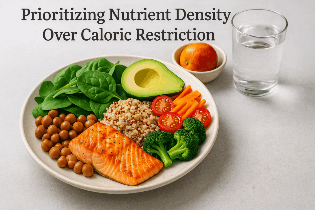 Nutrient-dense meal for older adults featuring leafy greens, salmon, quinoa, avocado, and vegetables, supporting tips on how to lose weight after 60.