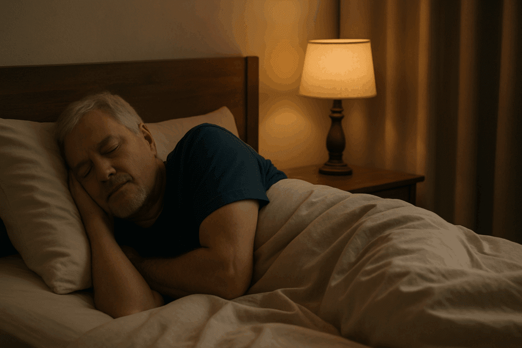 Older adult man peacefully sleeping in a cozy, dimly lit bedroom, illustrating good sleep hygiene as part of how to lose weight after 60.