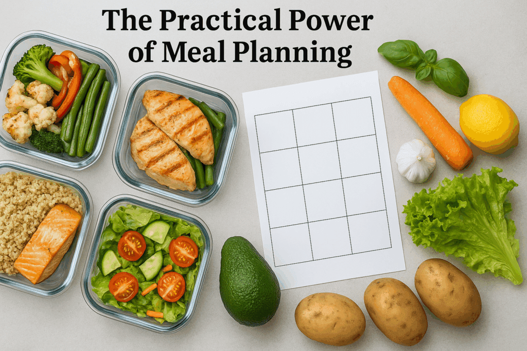 Overhead view of a senior-friendly meal prep setup with lean proteins, salads, and vegetables in glass containers, illustrating how to lose weight after 60 through healthy meal planning.