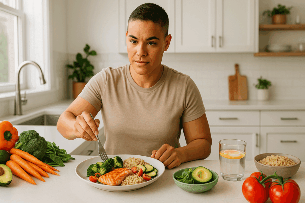 Confident adult preparing a healthy meal with salmon, quinoa, and vegetables in a bright kitchen as part of a Lose Weight in 30 Days plan
