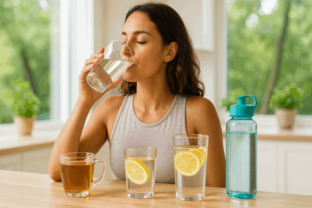 Woman drinking a glass of water in a bright kitchen with lemon water, herbal tea, and a water bottle nearby to support a plan to Lose Weight in 30 Days.