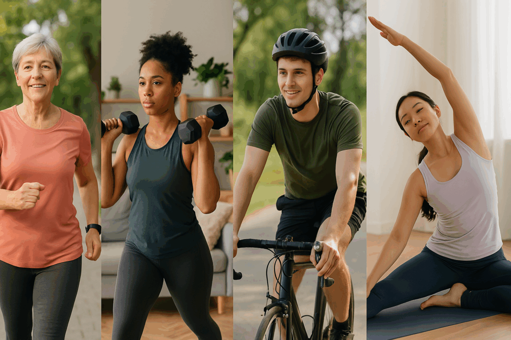 People engaging in diverse fitness activities like walking, dumbbell workouts, cycling, and yoga to lose weight in 30 days.