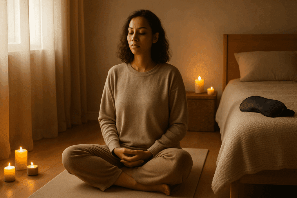 Woman meditating on a yoga mat in a calming bedroom with candles and sleep mask, promoting mindfulness to lose weight in 30 days