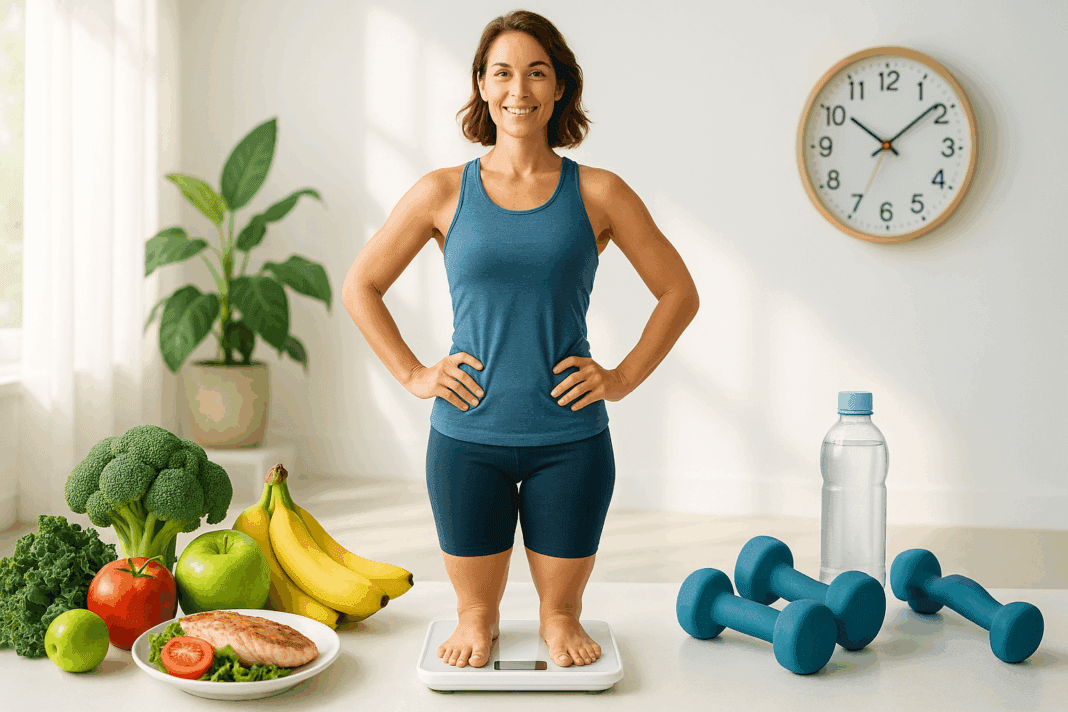 Confident woman standing on a scale surrounded by healthy food, weights, and a water bottle, symbolizing success in losing 3 pounds a week.