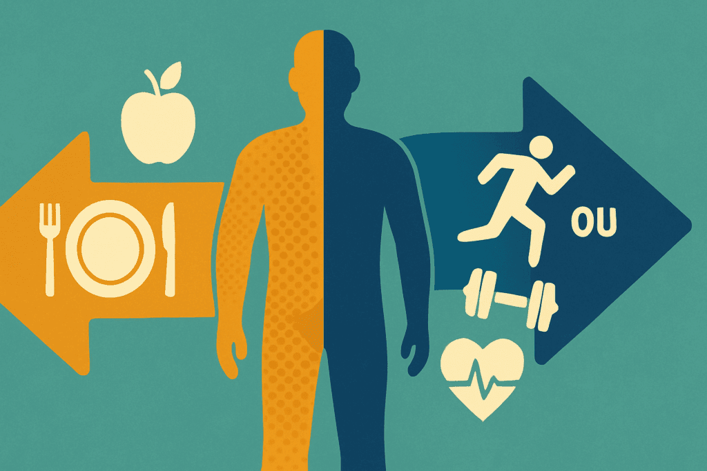 Infographic showing energy balance with food intake and exercise icons illustrating body composition changes, related to losing 3 pounds a week