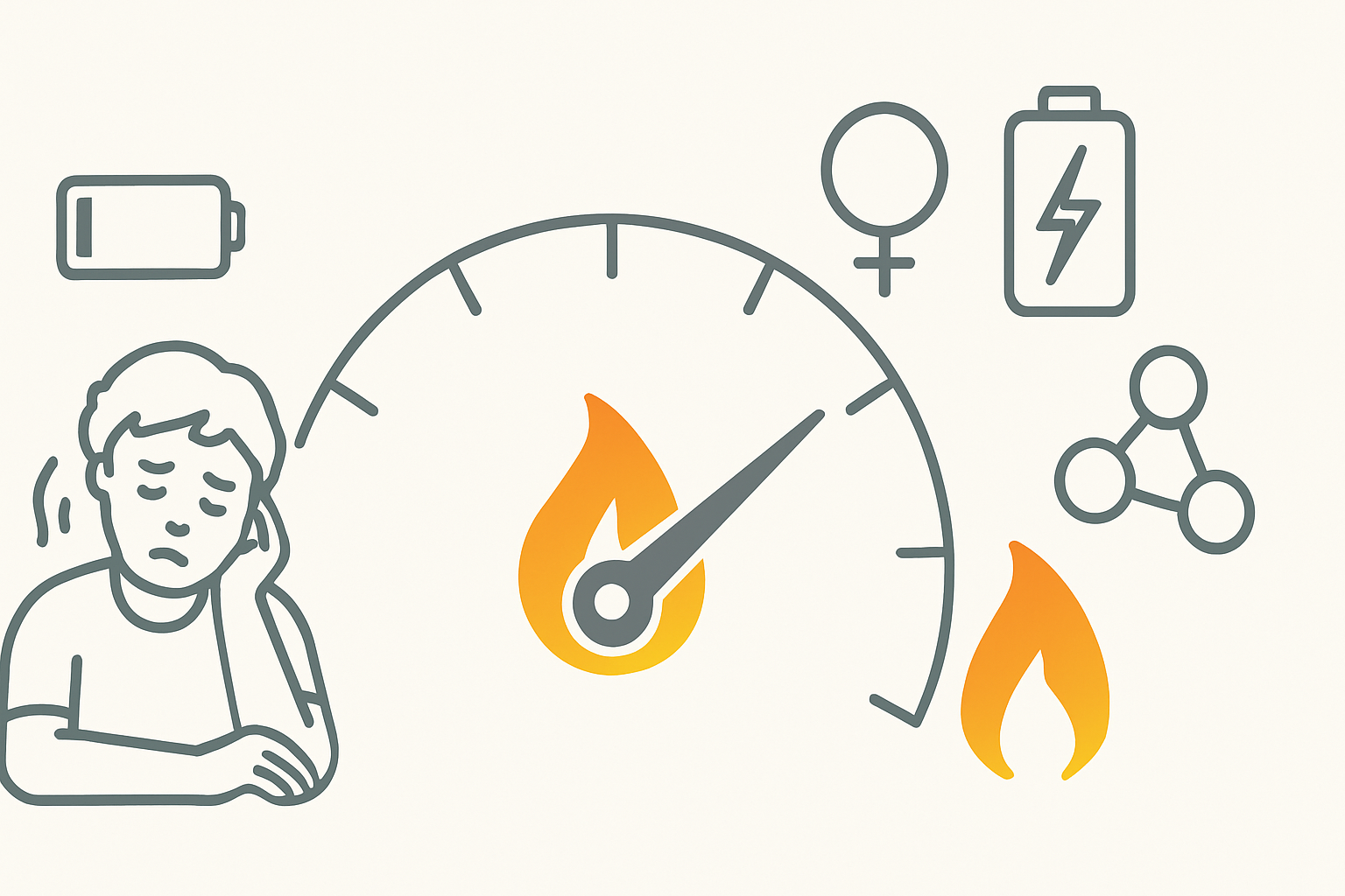 Visual concept of metabolism slowing down during weight loss, with a dimming flame, energy icons, and tired person, illustrating risks of losing 3 pounds a week