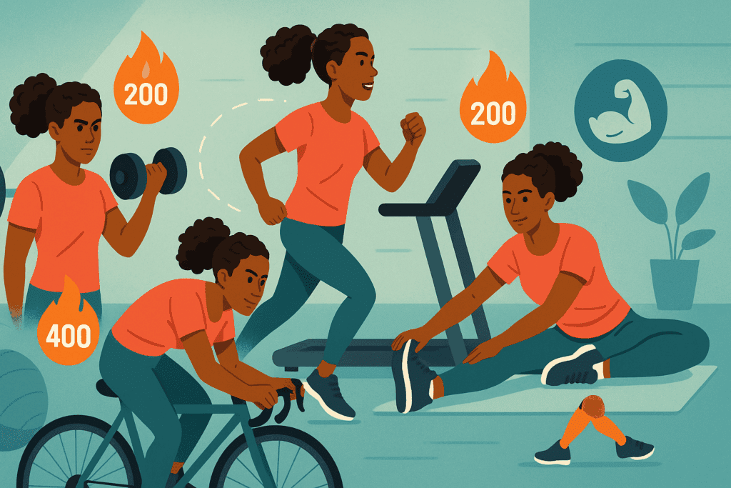 Diverse woman doing cardio, strength training, cycling, and stretching in a gym to support losing 3 pounds a week.