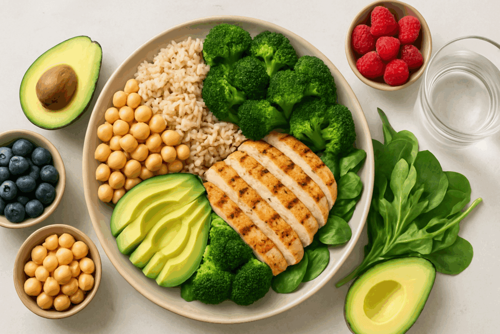 Balanced high-protein meal with grilled chicken, avocado, chickpeas, berries, and leafy greens, ideal for losing 3 pounds a week.