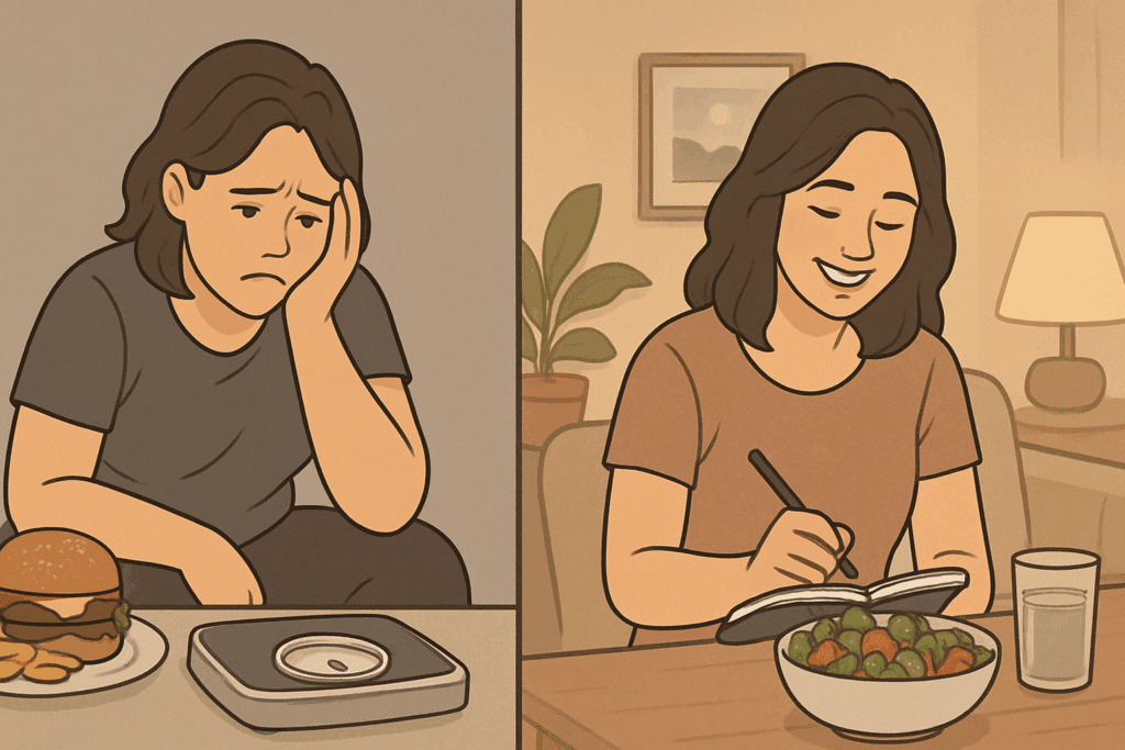 Split-screen of a woman feeling discouraged near junk food and a scale, contrasted with her journaling and smiling in a cozy space, symbolizing emotional effects of losing 3 pounds a week.