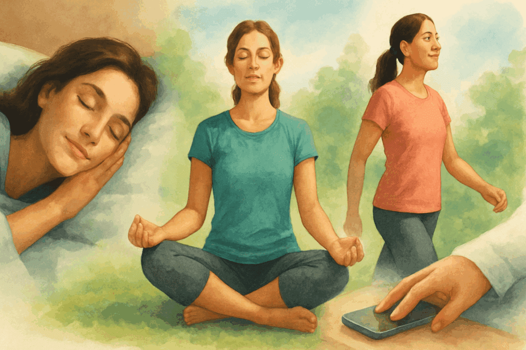 Collage showing a woman sleeping, meditating, walking outdoors, and turning off a phone—healthy lifestyle habits that support losing 3 pounds a week