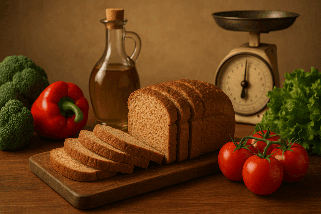 Sliced whole wheat bread on a wooden board with vegetables and olive oil, illustrating healthy eating choices when asking: is bread bad when losing fat.