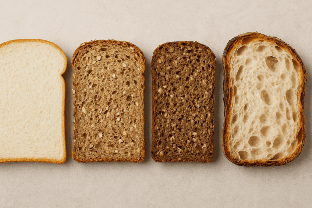 White bread, multigrain, sprouted grain, and sourdough bread slices side by side, illustrating variety for the question: is bread bad when losing fat