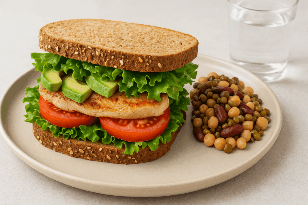 Whole grain sandwich with grilled chicken, avocado, leafy greens, and tomato served with legumes and water, illustrating a high-fiber meal for the topic Is bread bad when losing fat.