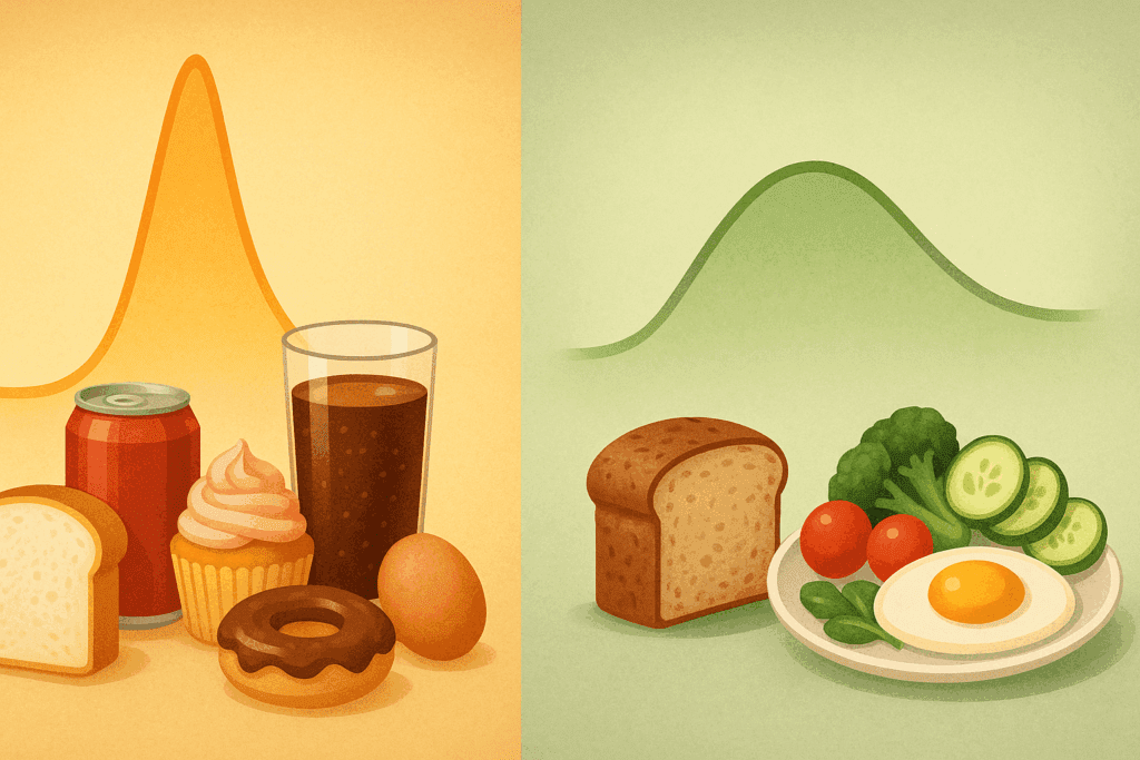 Side-by-side comparison illustrating blood sugar response to white bread and sugary foods versus whole grain bread with vegetables and eggs, answering the question: is bread bad when losing fat