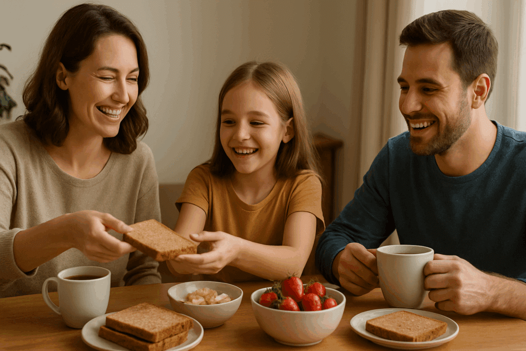 Family enjoying whole wheat toast, fruit, and coffee at breakfast, illustrating emotional comfort in food choices and addressing the question: is bread bad when losing fat.