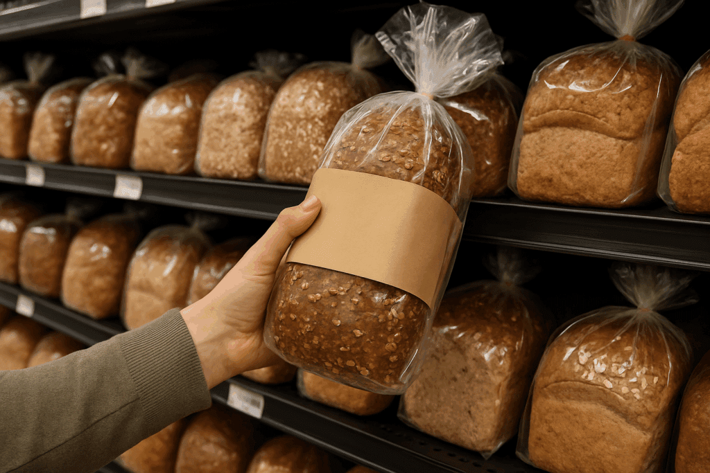 Hand reaching for whole wheat bread with visible grains on a grocery store shelf, illustrating decision-making when asking is bread bad when losing fat.
