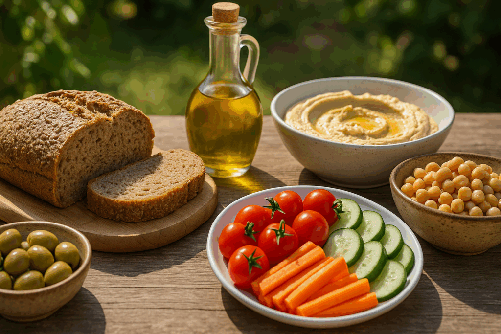 Rustic whole grain bread with olive oil, hummus, and vegetables on a Mediterranean table, illustrating the question: Is bread bad when losing fat.