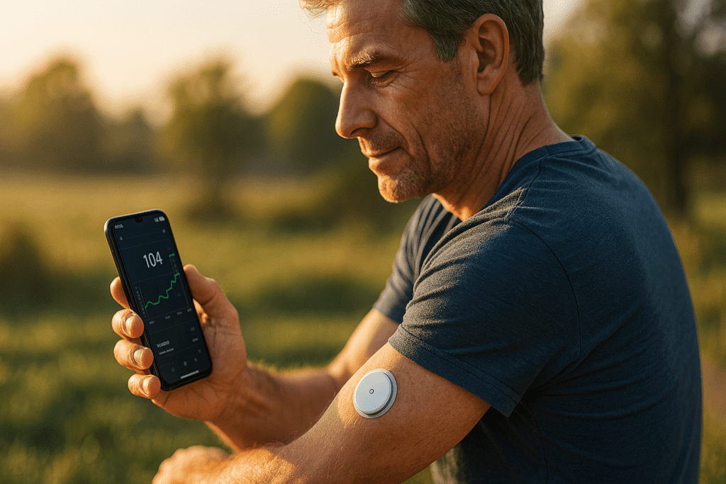 A middle-aged man sits in a peaceful grassy field at sunrise, wearing a transdermal glucose sensor on his arm while checking his blood sugar data on a smartphone, illustrating early-morning noninvasive diabetes monitoring using wearable technology in a natural outdoor environment.