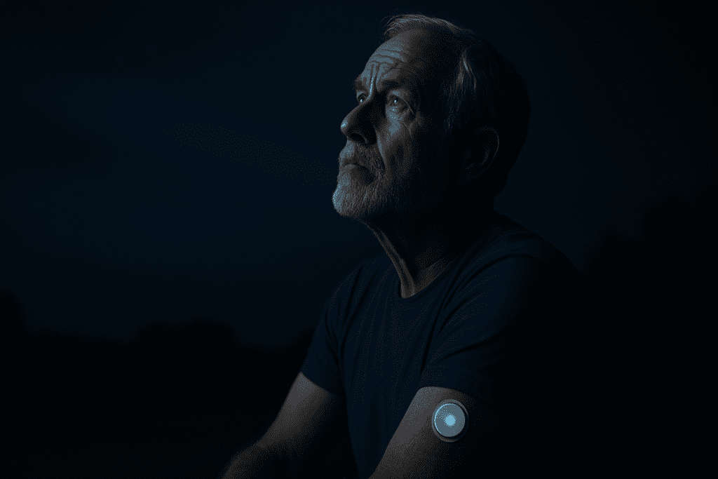 An elderly man gazes contemplatively at the starry night sky while a faintly glowing transdermal glucose sensor on his arm emits soft light, set against dramatic shadows that evoke the emotional depth of noninvasive diabetes monitoring in a reflective nighttime scene.