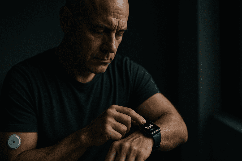 A photograph captures a middle-aged, light-skinned man in a moody, dimly lit room checking his blood sugar levels on a smartwatch, with a visible glucose sensor on his upper arm. Dramatic shadows and focused composition emphasize the emotional intensity and the innovation behind noninvasive diabetes monitoring technology.