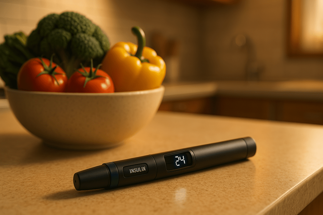 A photograph captures a close-up of a modern kitchen countertop displaying a sleek black smart insulin pen beside a bowl of colorful fresh produce. Bathed in warm indoor ambient lighting, the cozy scene highlights the synergy between healthy eating and smart insulin delivery as essential treatments for managing type 2 diabetes.