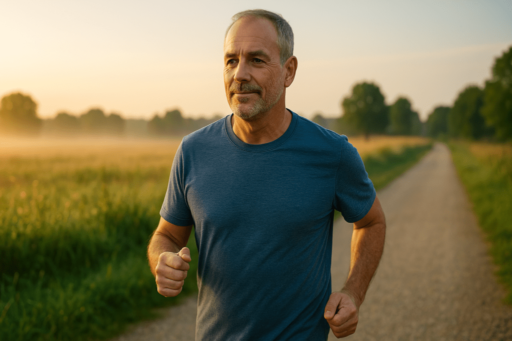 A middle-aged Caucasian man walks along a rural gravel path at sunrise, dressed casually and appearing focused, symbolizing early lifestyle interventions as part of the best treatment for type 2 diabetes. The soft natural morning light and misty farmland background evoke calm and determination in managing diabetes through daily habits.