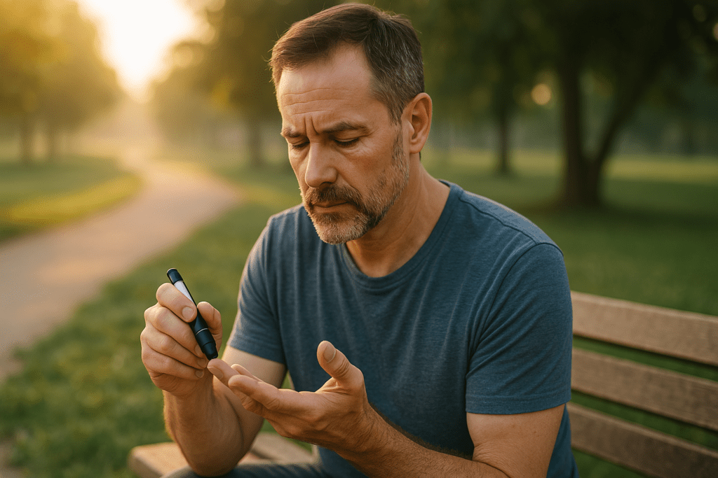 A middle-aged man with short dark hair and a beard checks his blood sugar outdoors in soft natural morning light, sitting on a park bench surrounded by greenery. This realistic image visually represents self-care as a key first-line treatment for type 2 diabetes in 2025.