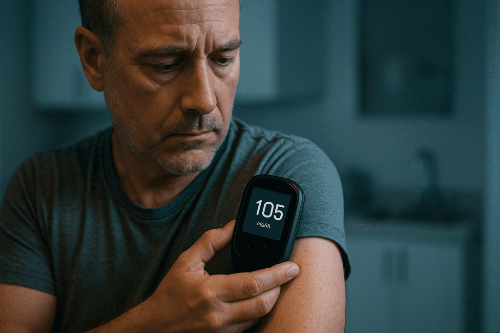 A man with short gray hair uses a wearable no-strip blood glucose sensor pressed against his upper arm under dramatic, moody lighting, in a modern clinical setting. The sharp contrast and focused expression emphasize the future of diabetes monitoring through non-invasive, digital tools.